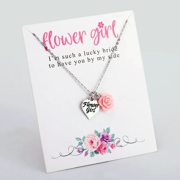 Flower Girl Gift Necklace | Heart Charm & Pink Rose Keepsake