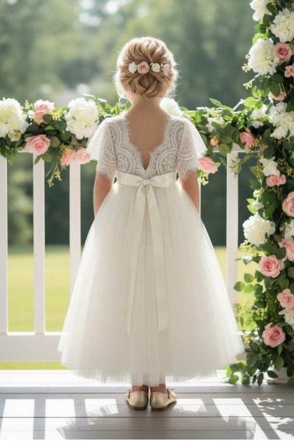 Ivory tulle boho flower girl dress with open back