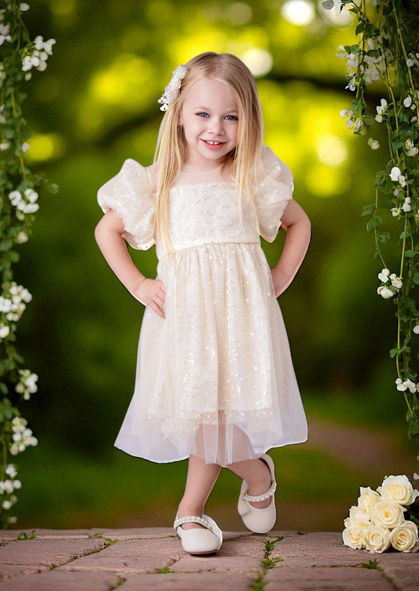 Celeste Puff Sleeve Sequin Party Dress in Beige