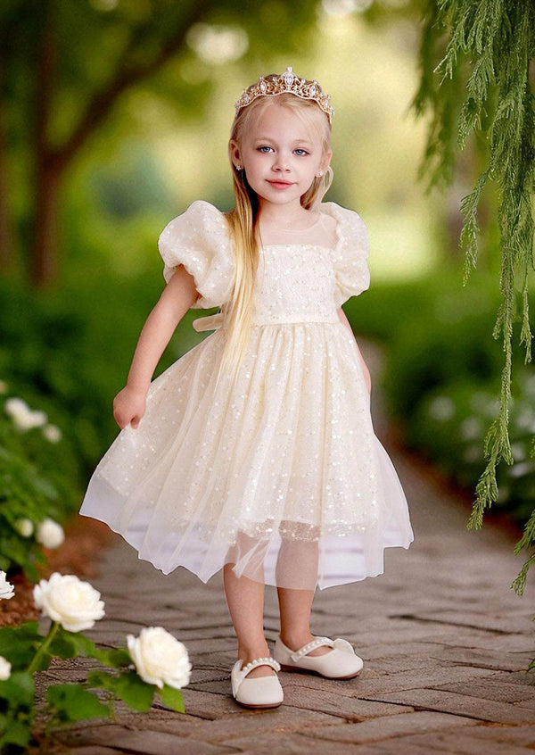 Celeste Puff Sleeve Sequin Party Dress in Beige