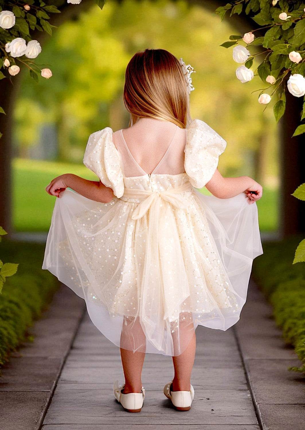 Celeste Puff Sleeve Sequin Party Dress in Beige