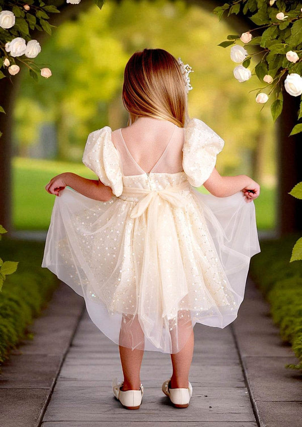 Celeste Puff Sleeve Sequin Party Dress in Beige