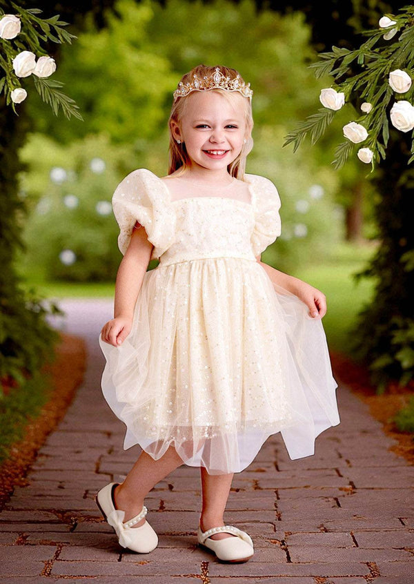 Celeste Puff Sleeve Sequin Party Dress in Beige