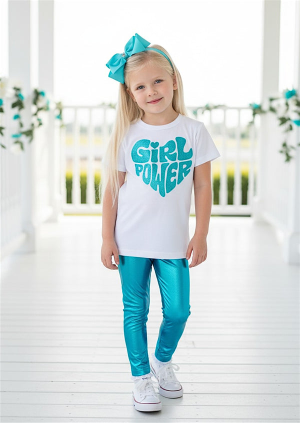 Girl Power Tee & Bright Blue Lame' Leggings Set | Girls Cotton Tees