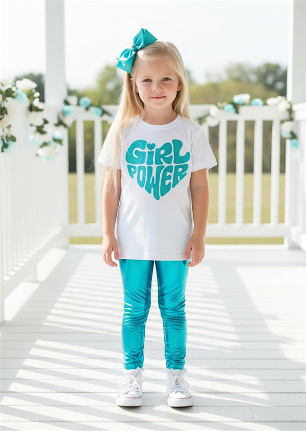 Girl Power Tee & Bright Blue Lame' Leggings Set | Girls Cotton Tees