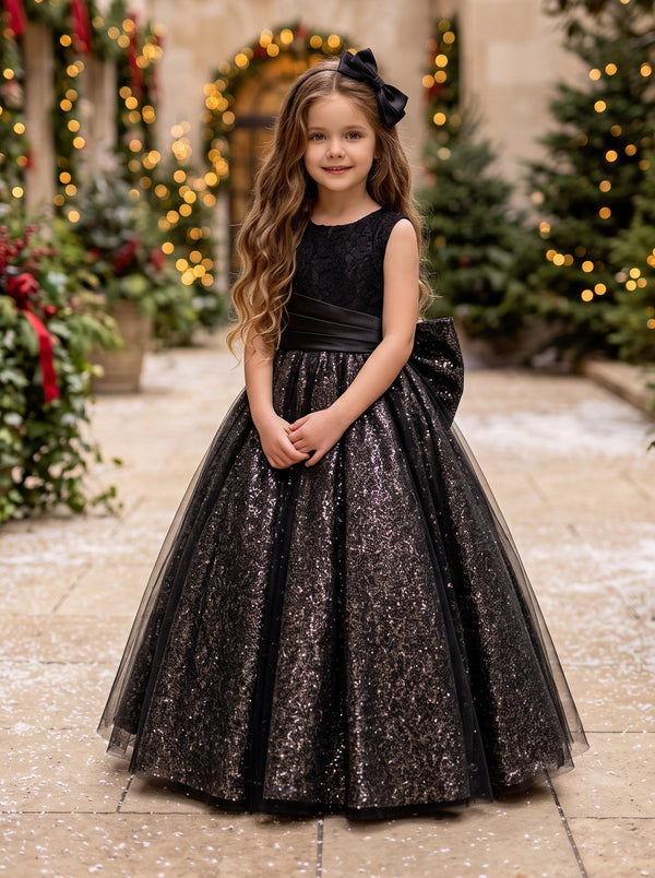 Estelle Noir Gown | Elegant Black Glitter Dress for Girls | Flower Girl