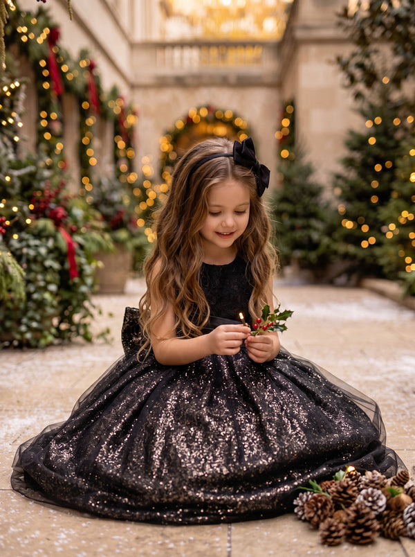 Estelle Noir Gown | Elegant Black Glitter Dress for Girls | Flower Girl