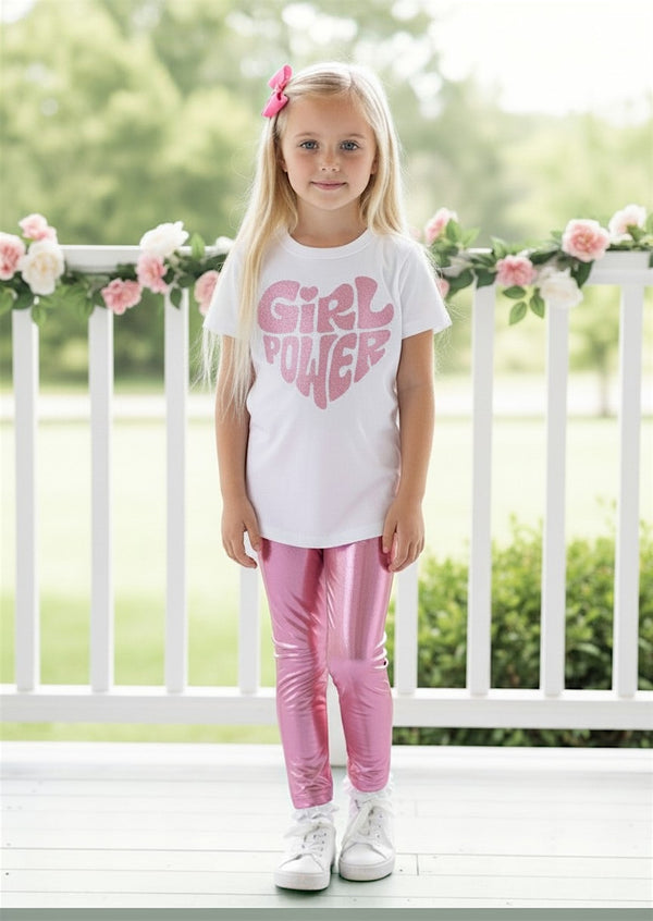 Girl Power Tee & Light Pink Lame' Leggings | Girls Cotton Tees & Outfits