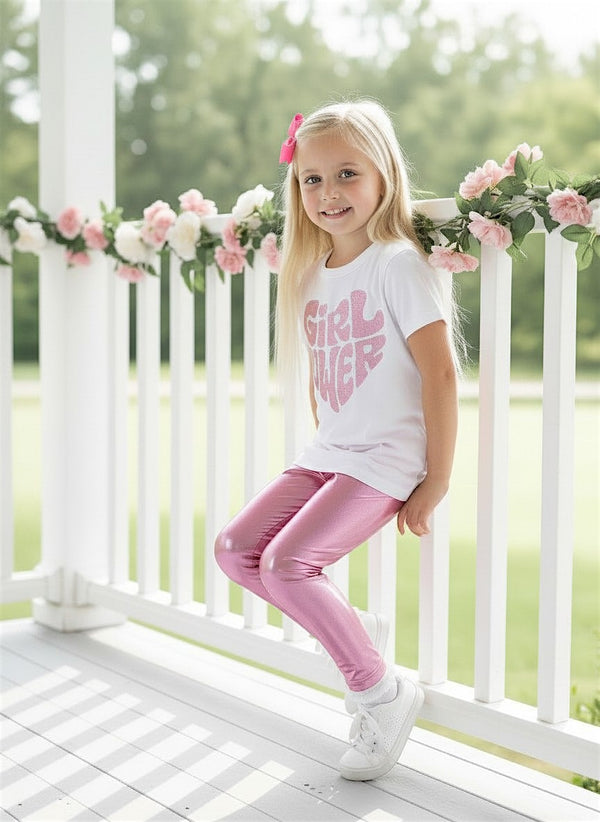 Girl Power Tee & Light Pink Lame' Leggings | Girls Cotton Tees & Outfits