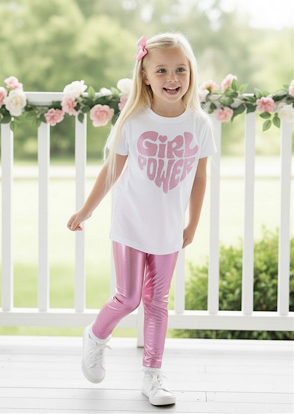 Girl Power Tee & Light Pink Lame' Leggings | Girls Cotton Tees & Outfits