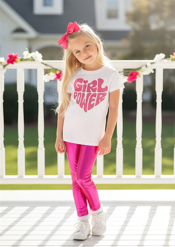 Girl Power Tee & Hot Pink Lame' Leggings| Girls Cotton Tees & Outfits