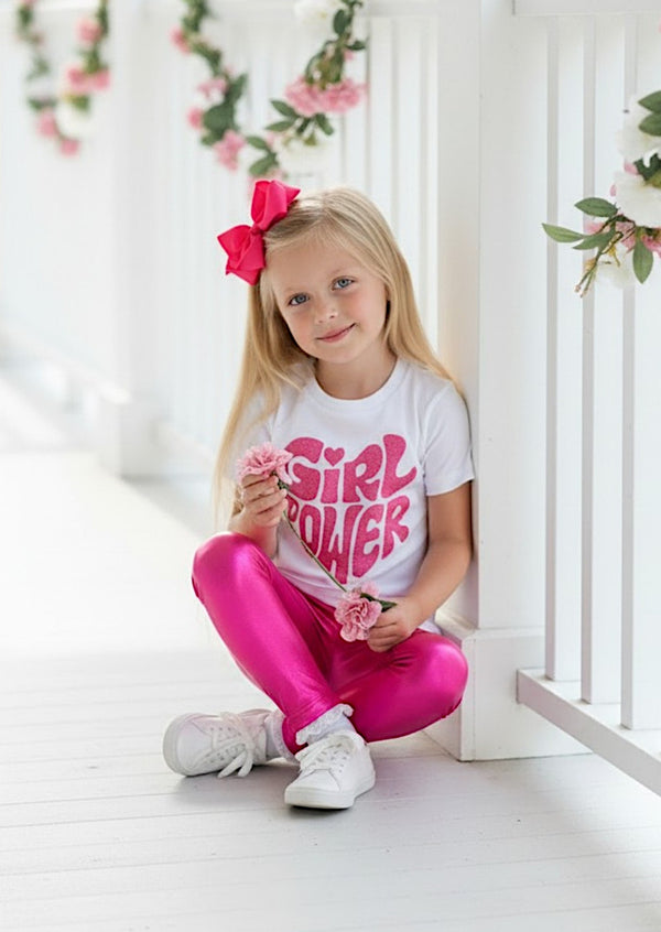 Girl Power Tee & Hot Pink Lame' Leggings| Girls Cotton Tees & Outfits