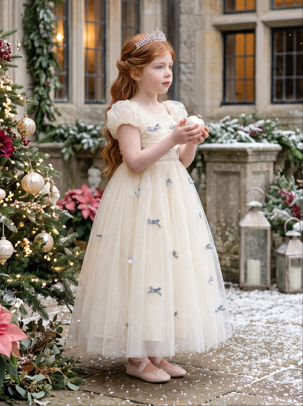 Silver Bow Dream Dress | Ivory Tulle Special Occasion Dress for Girls