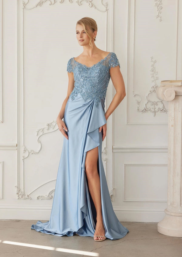 Blue Satin Mother‑of‑the‑Bride Gown | Beaded Bodice Elegance