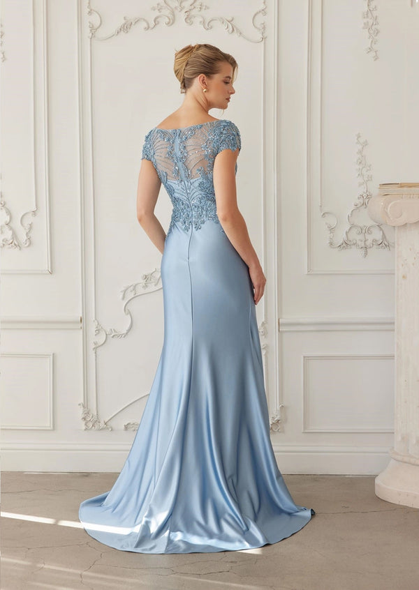 Blue Satin Mother‑of‑the‑Bride Gown | Beaded Bodice Elegance