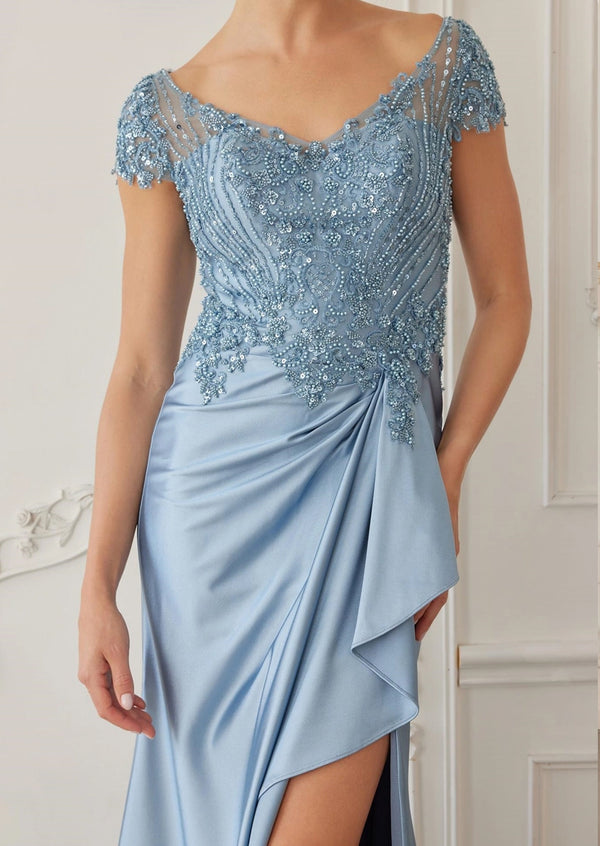 Blue Satin Mother‑of‑the‑Bride Gown | Beaded Bodice Elegance