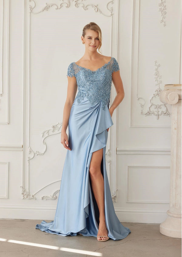 Blue Satin Mother‑of‑the‑Bride Gown | Beaded Bodice Elegance