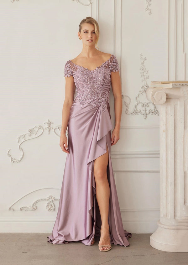 Dusty Pink Satin Mother‑of‑the‑Bride Dress | Beaded Bodice
