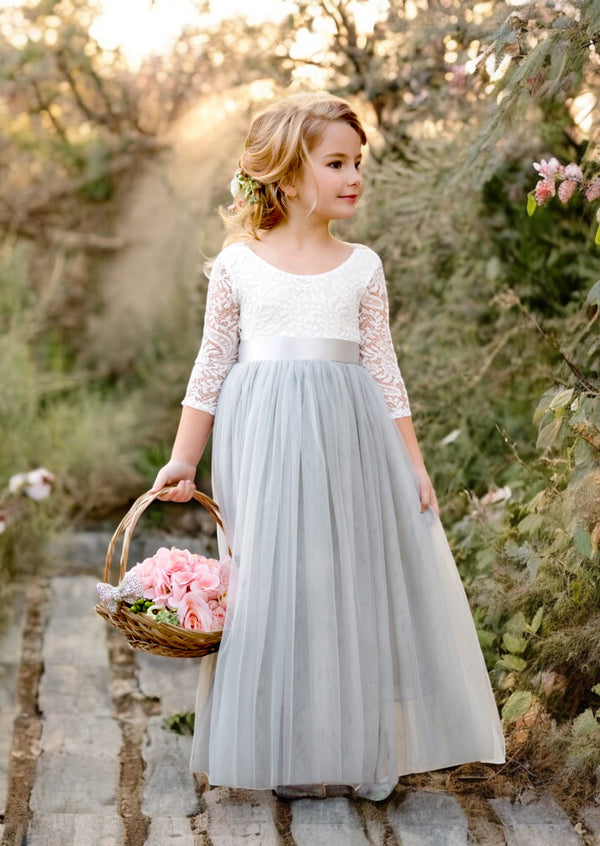 Gray and white tulle and lace flower girl dresses with silver sash