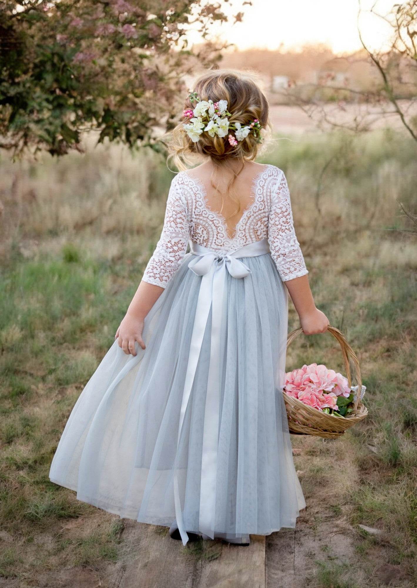 Gray Tulle & Lace Boho Flower Girl Dress for Toddlers – Vintage-Inspired Gown Rustic & Garden Weddings