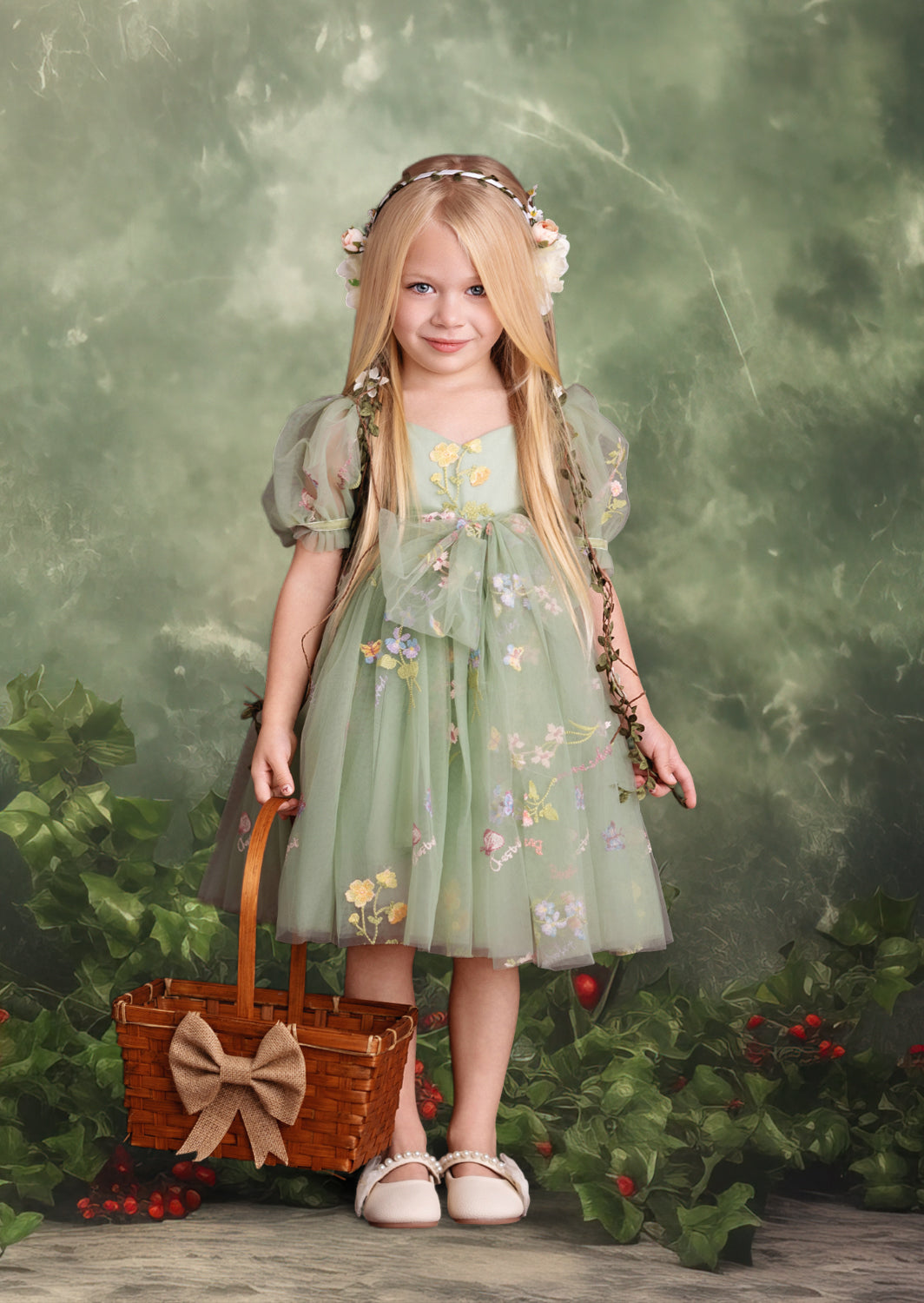 Whispering Willow Pale Olive Girls Fairy Floral Party Dress