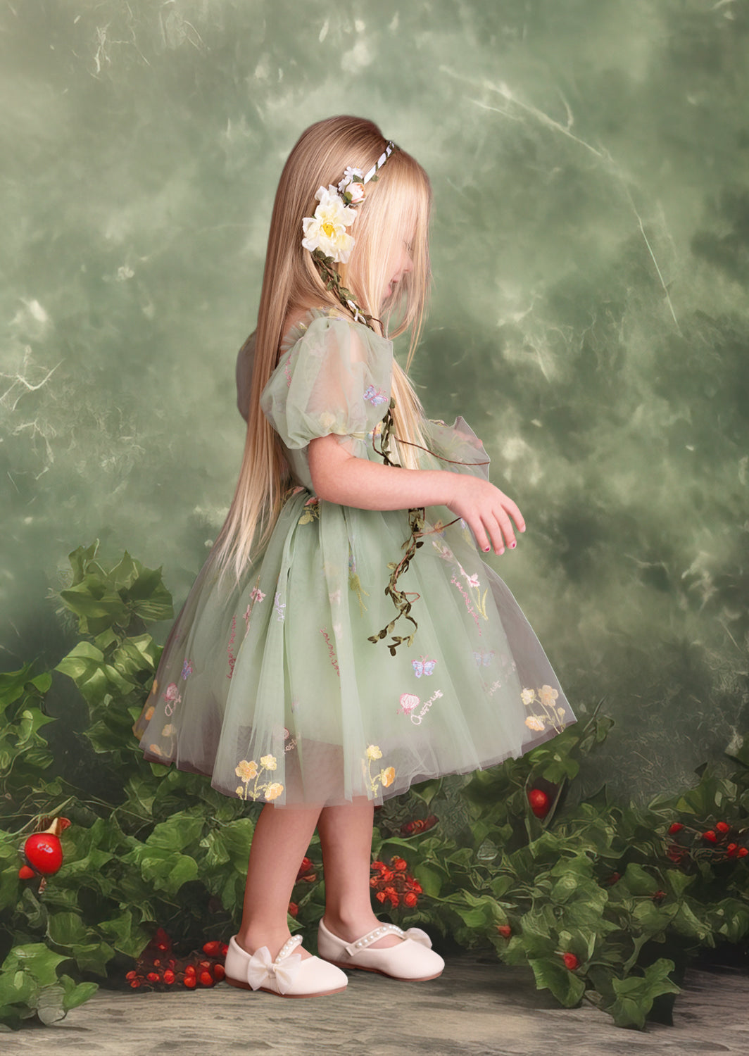Whispering Willow Pale Olive Girls Fairy Floral Party Dress