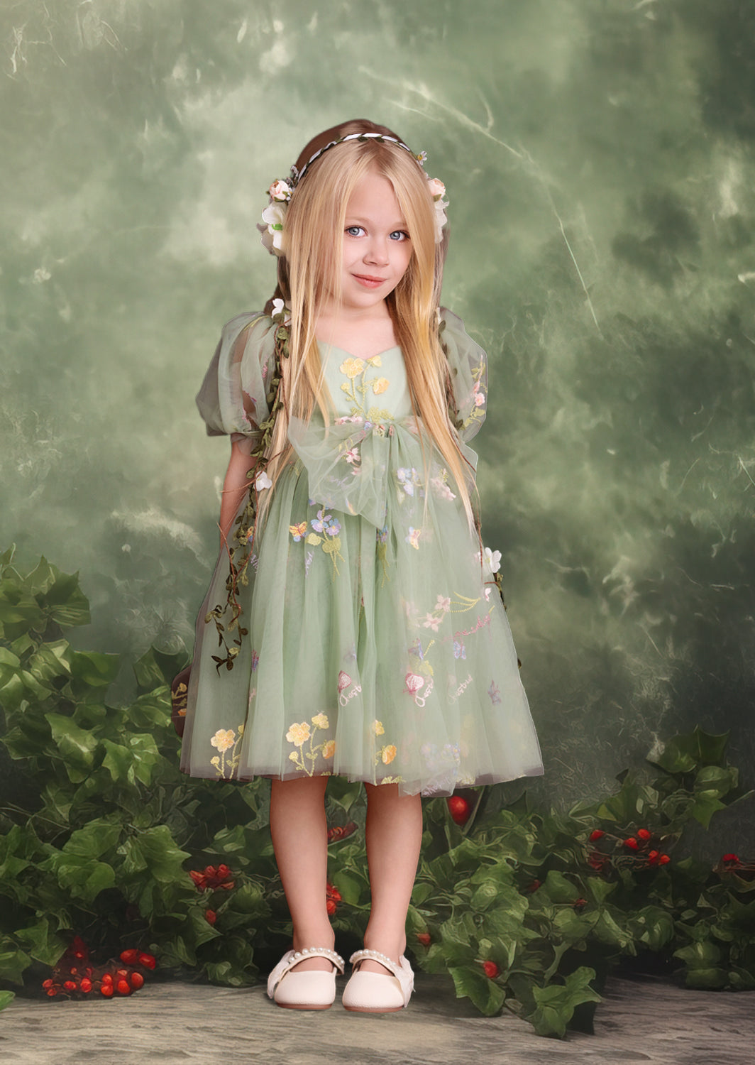 Whispering Willow Pale Olive Girls Fairy Floral Party Dress