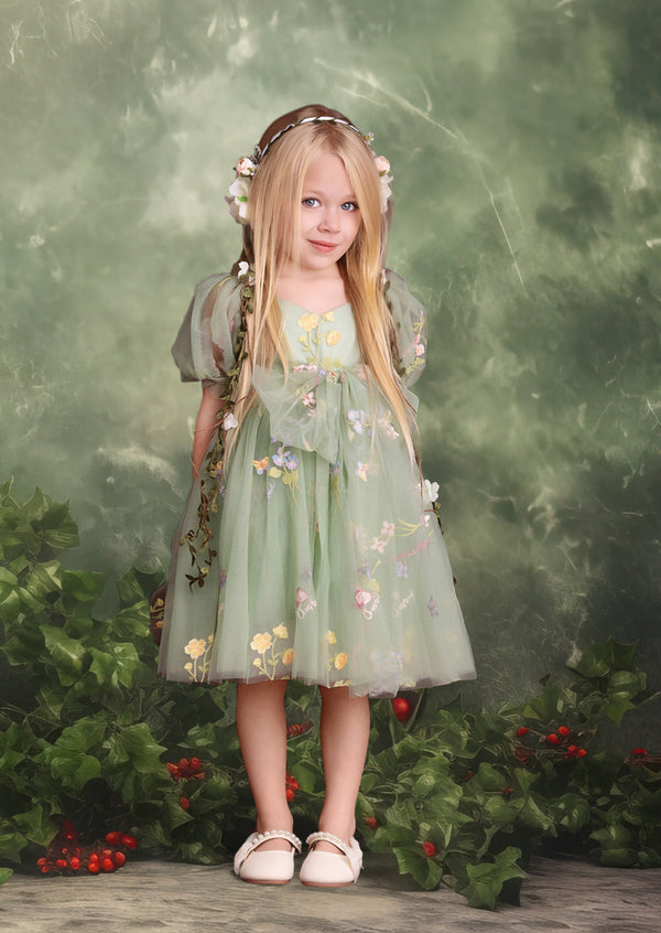 Whispering Willow Pale Olive Girls Fairy Floral Party Dress