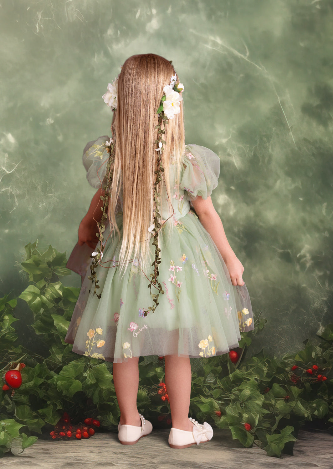 Whispering Willow Pale Olive Girls Fairy Floral Party Dress