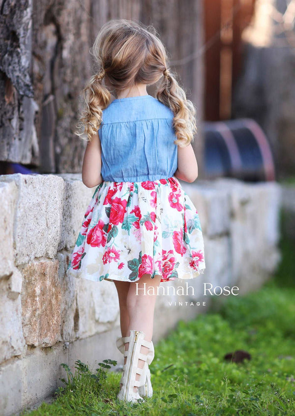 GIRLS - Denim and Floral Girls Dress - Hannah Rose Vintage Boutique