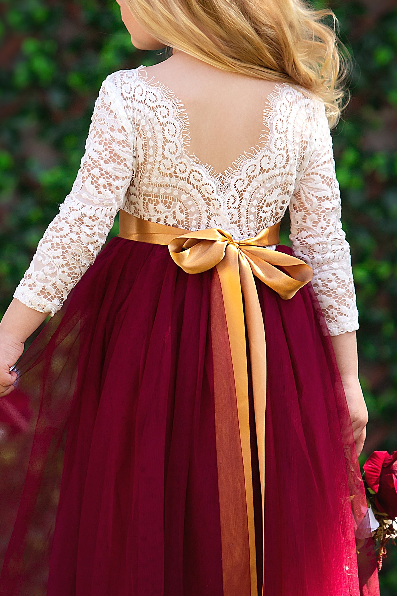 baby flower girl dress in Burgundy Tulle Flower Girl Dress  Lace Open Back and gold sash