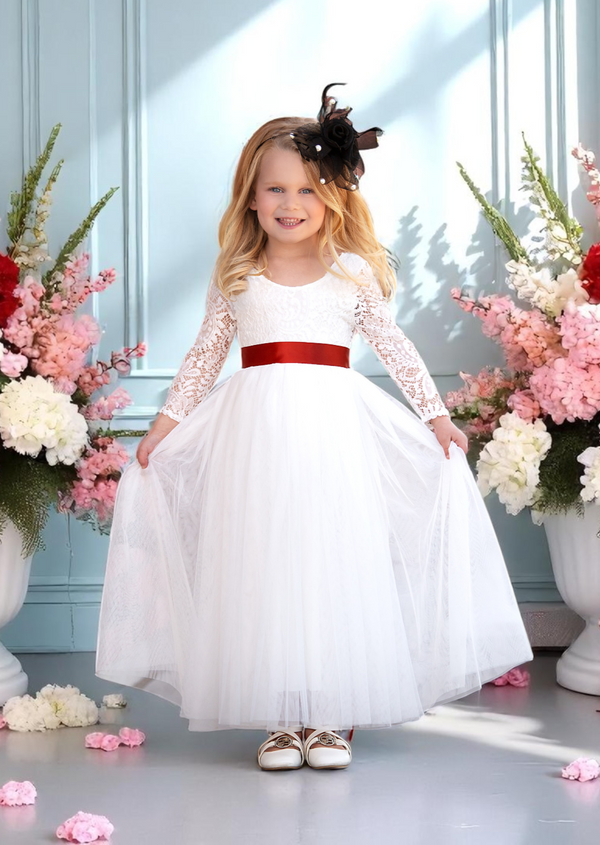 White Tulle & Lace Flower Girl Dress with Sleeves