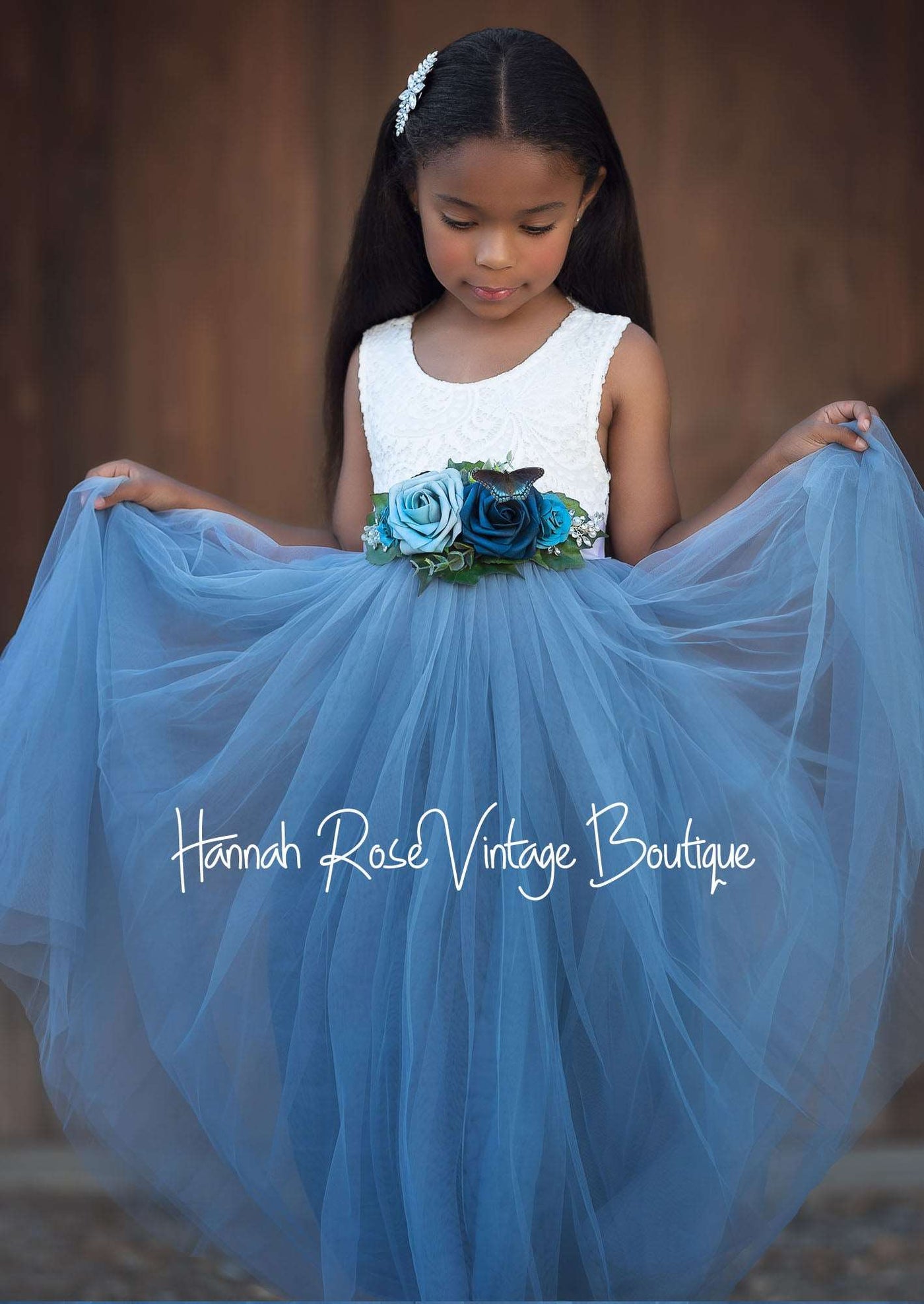 Dusty Blue Sleeveless Flower Girl Dress - Hannahrosevintageboutique.com