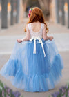 Dusty blue flower girl dresses back view