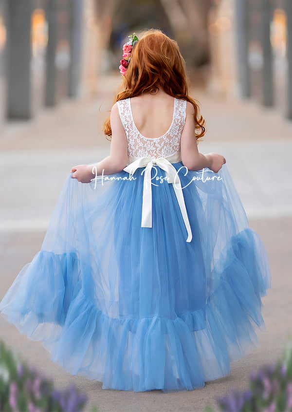 Dusty blue flower girl dresses back view