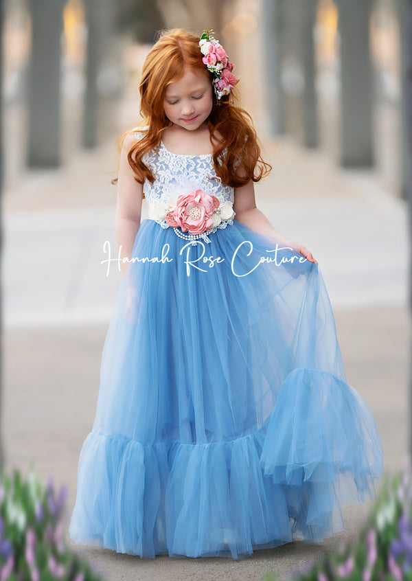 Blue bohemian flower girl dresses