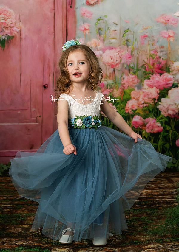 Dusty Blue Tulle Flower Girl Dresses - Hannahrosevintageboutique.com