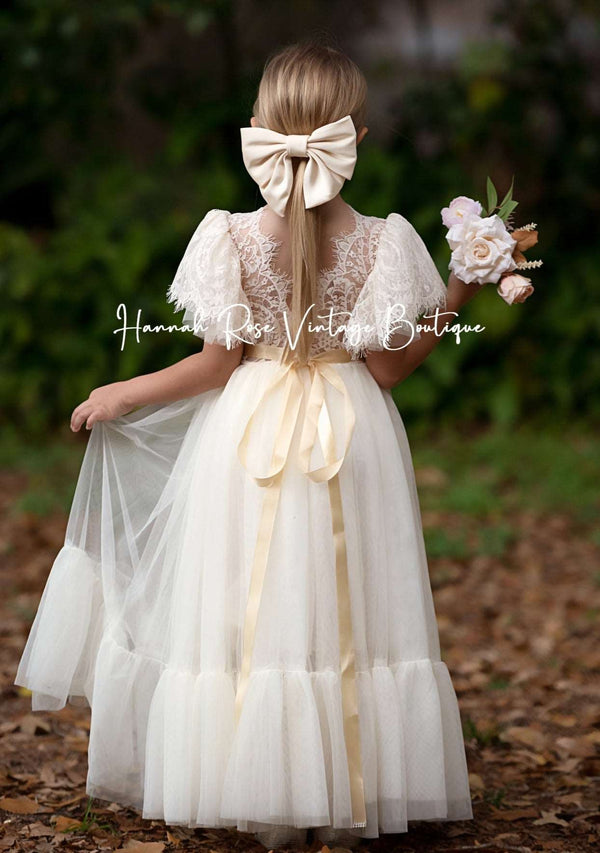 Luxury Flower Girl Dress Ivory Tulle - Hannahrosevintageboutique.com