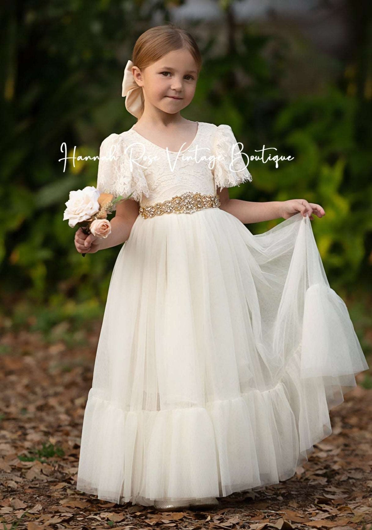 Luxury Flower Girl Dress Ivory Tulle - Hannahrosevintageboutique.com