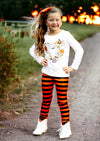 girls orange stripe Halloween leggings and tee shirt