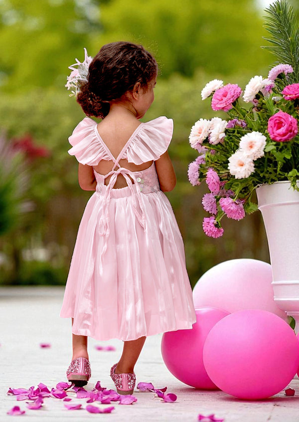 Whimsy Sequin Ruffle Sleeve Party Dress in Pink