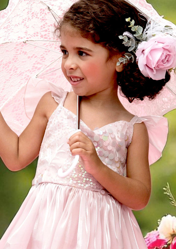 Whimsy Sequin Ruffle Sleeve Party Dress in Pink
