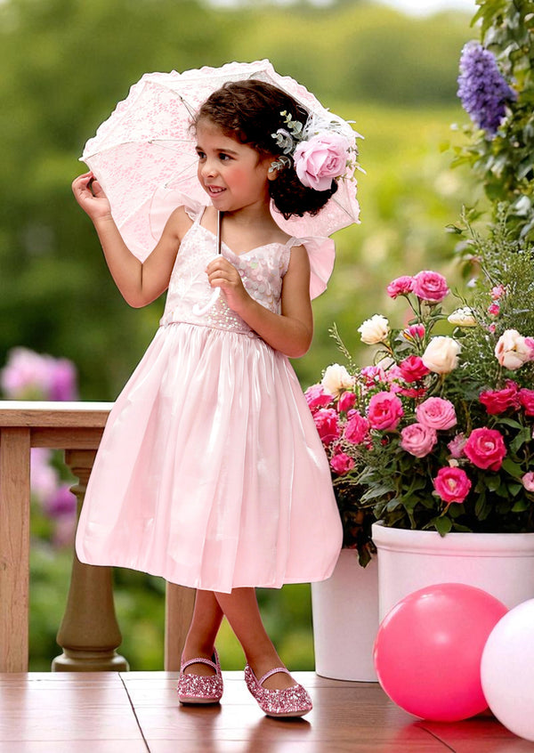 Whimsy Sequin Ruffle Sleeve Party Dress in Pink
