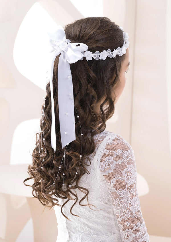 Hand made delicate communion hair wreath with bow.
