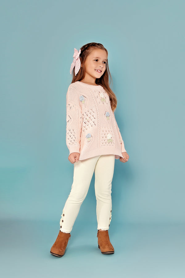 Handknit Flowers Pullover Sweater || Pink