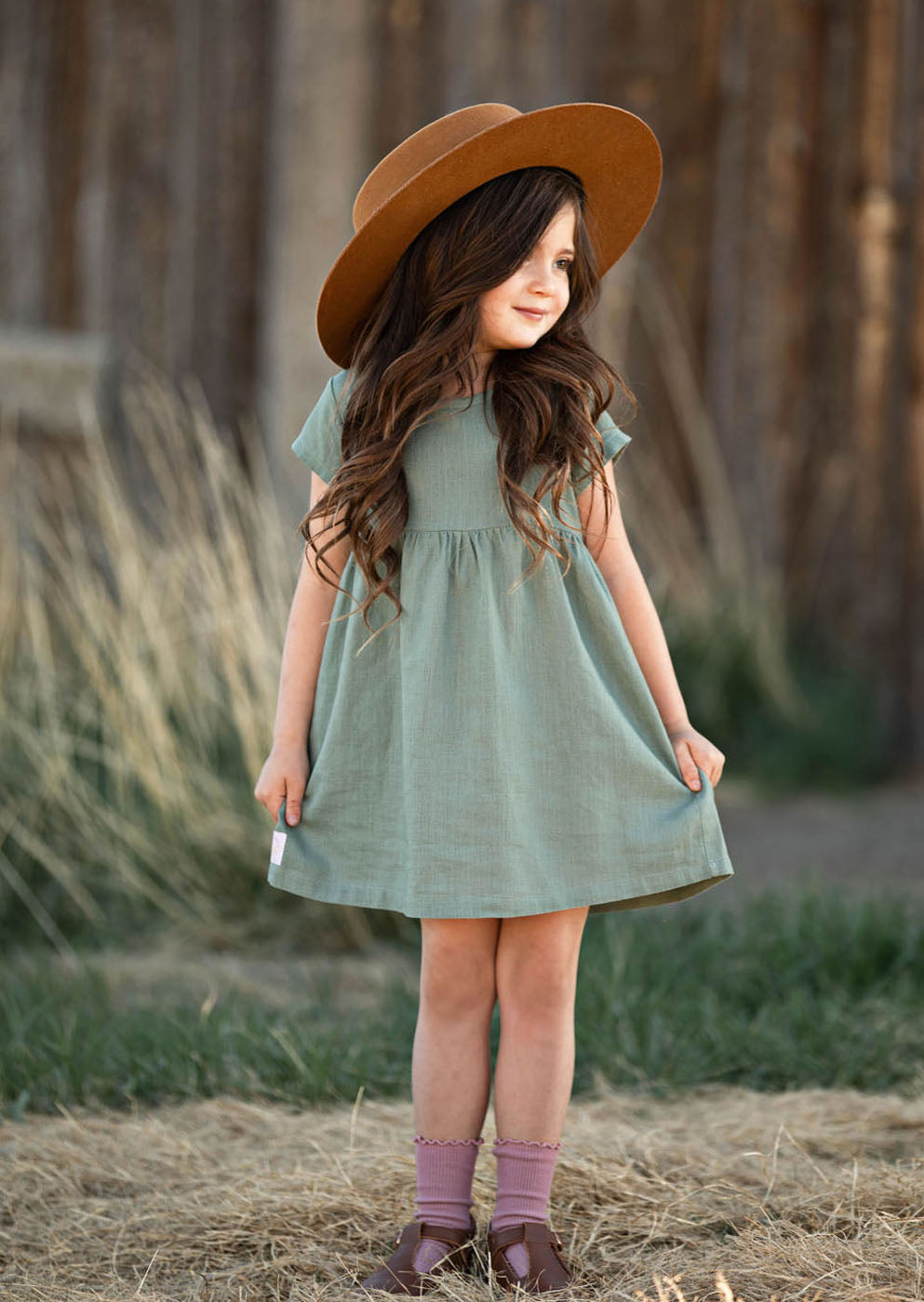 Organic Cotton Linen Dress in Beech Green
