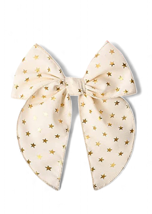 Cream Gold Star Christmas Hair Bow