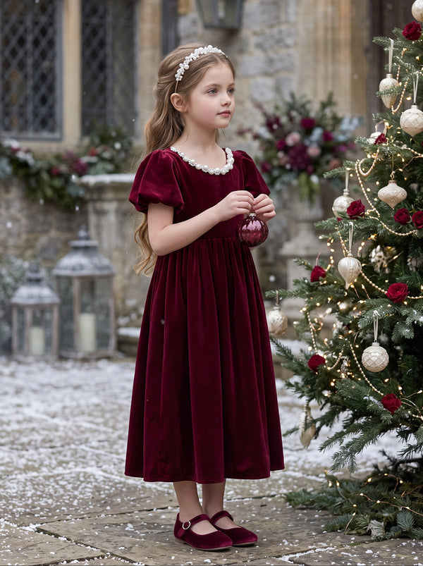 Holly Wishes Girls Velvet Dress in Burgundy | Girls Christmas Dress