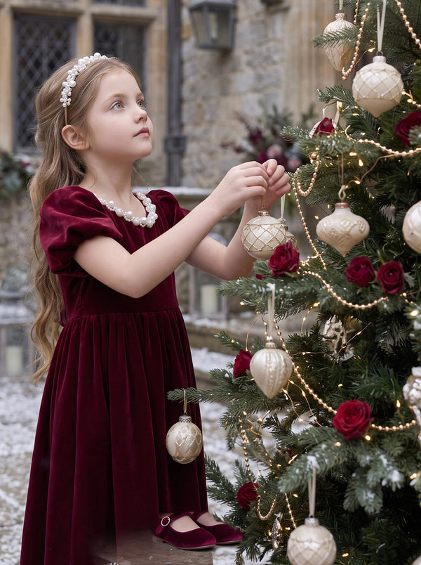 Holly Wishes Girls Velvet Dress in Burgundy | Girls Christmas Dress