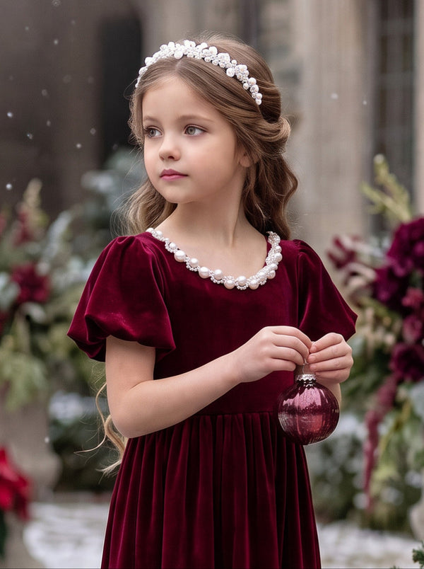 Holly Wishes Girls Velvet Dress in Burgundy | Girls Christmas Dress